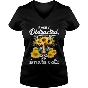 Easily Distracted By Sunflowers And Cows Ladies Vneck
