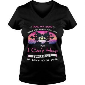Mickey and Minnie take my hand take my whole life too for I cant help falling in love with you Ladies Vneck