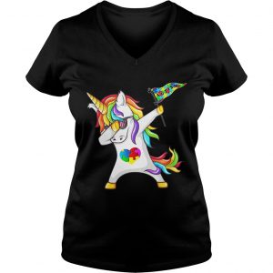Unicorn dabbing Autism Flag Ladies Vneck