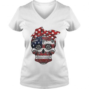 American lag sugar skull with flowers Ladies Vneck