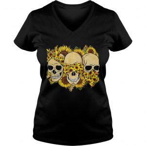 Skulls sunflower floral flowers Ladies Vneck